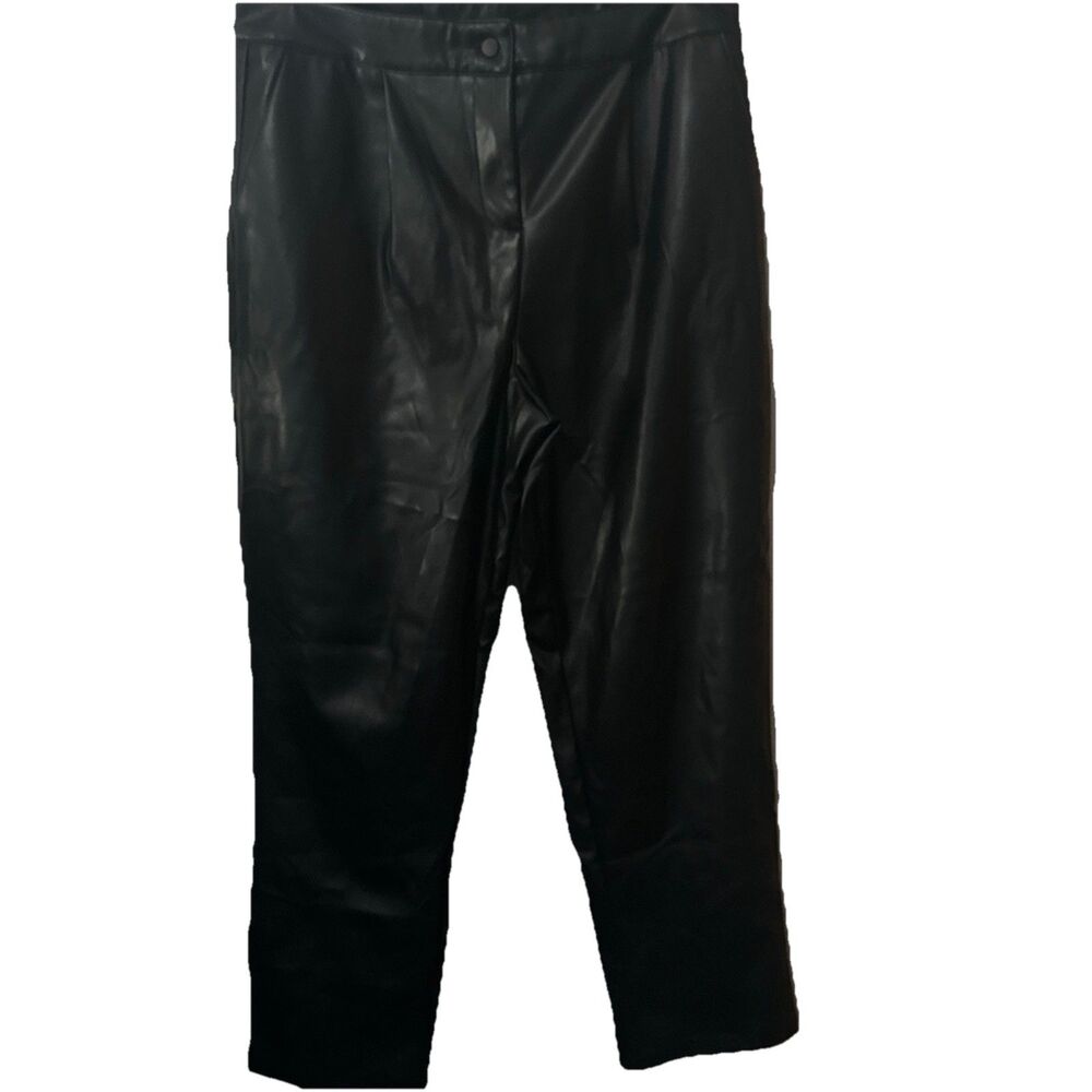Ellen Tracy Faux Leather High Rise Straight Leg Pants Black Pockets Pleated L